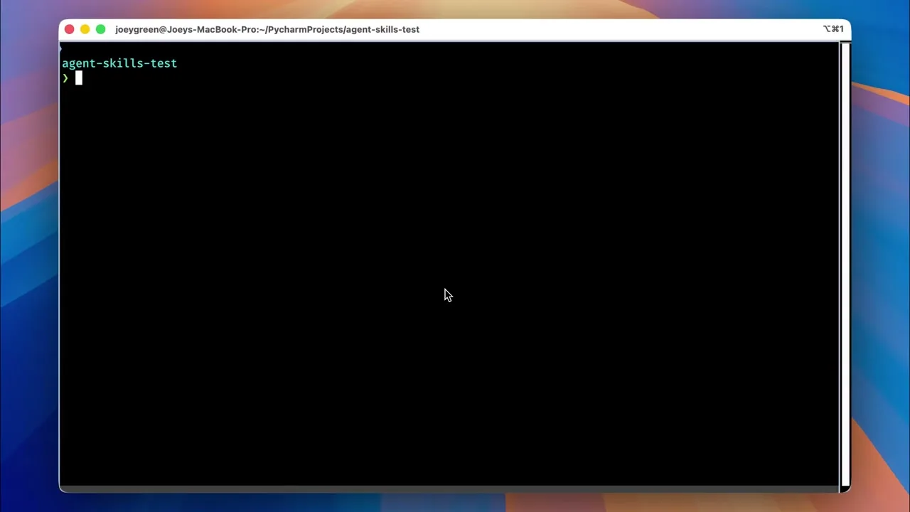 这张图片展示了Mac系统下的终端命令行界面,当前处于名为“agent-skills-test”的项目路径下,命令行提示符已准备就绪。结合上下文,这一界面对应Skill配置操作的实操场景,是用户准备在.claude/skills文件夹下新建匹配Skill名称的子文件夹、搭建技能配置目录的前置操作终端界面,能够直观体现该文档中Skill配置步骤的实操环境。