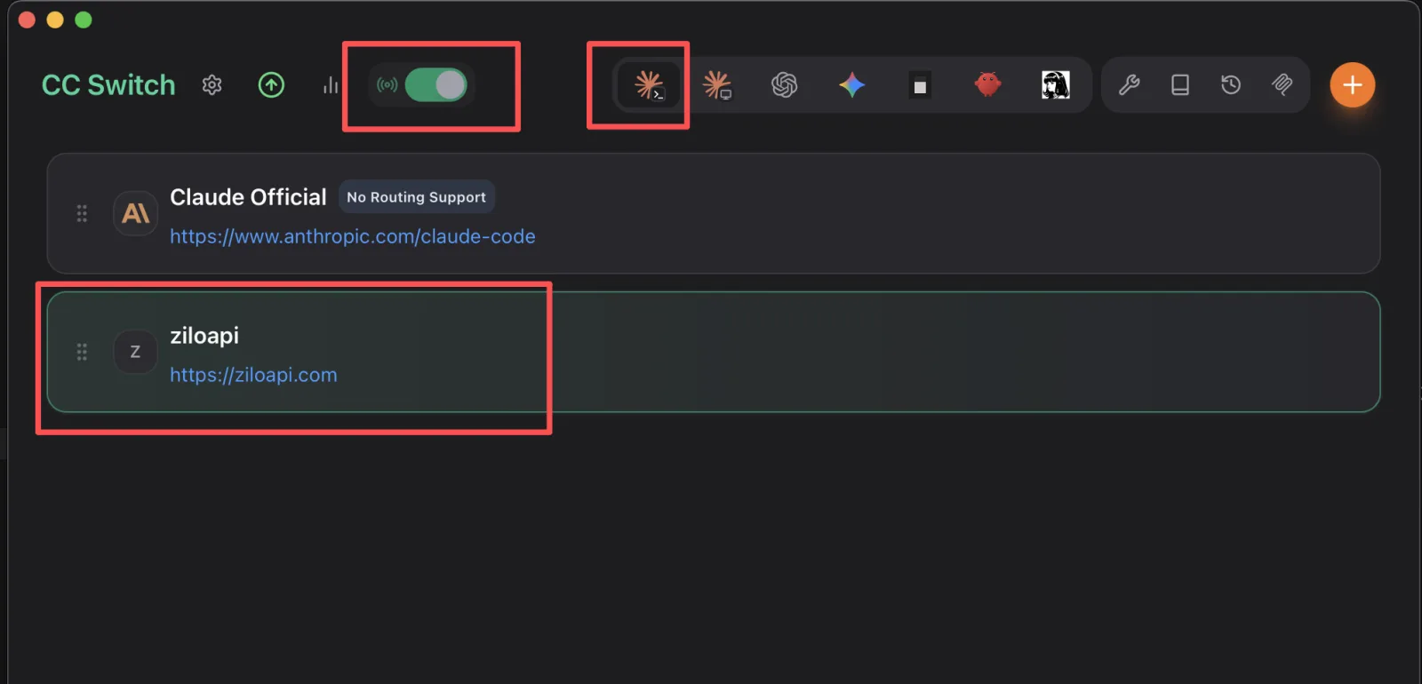 这张图片展示的是VS Code中Claude Code插件的CC Switch设置界面,用于配置该AI工具的中转相关内容。图中红色框标注了三个核心部分:顶部的绿色路由开关,处于开启状态;开关右侧的Claude相关功能标识;以及下方选中的中转配置项“ziloapi”,其对应的端点地址为https://ziloapi.com。该设置对应Claude Code使用中调整路由为中转站的操作,完成该配置是与Claude成功对话的前置步骤之一。